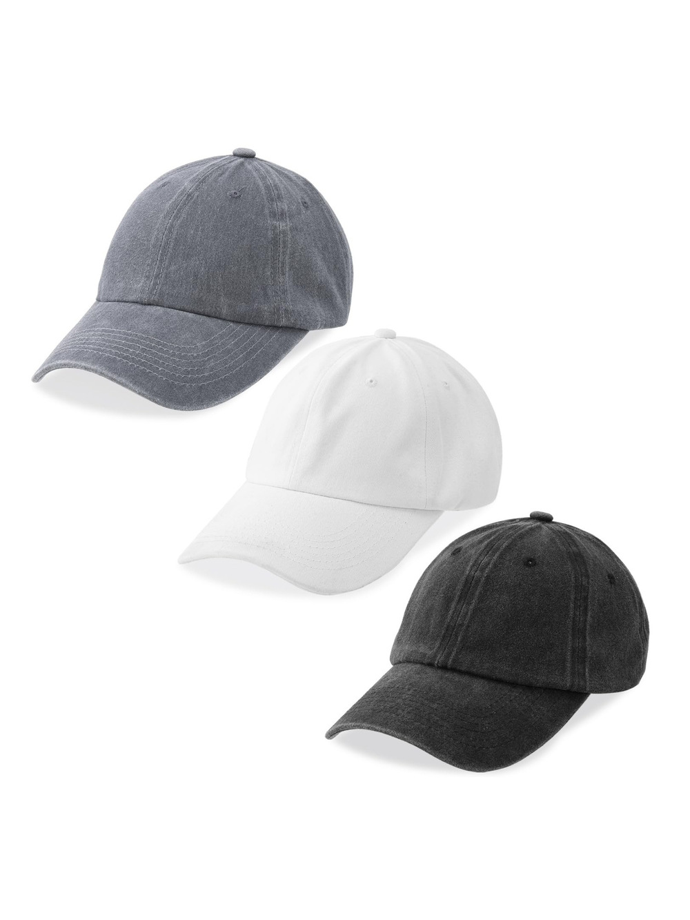 3 Packs Washed-Cotton Plain Baseball Cap | Black, White, Gray | Size OS